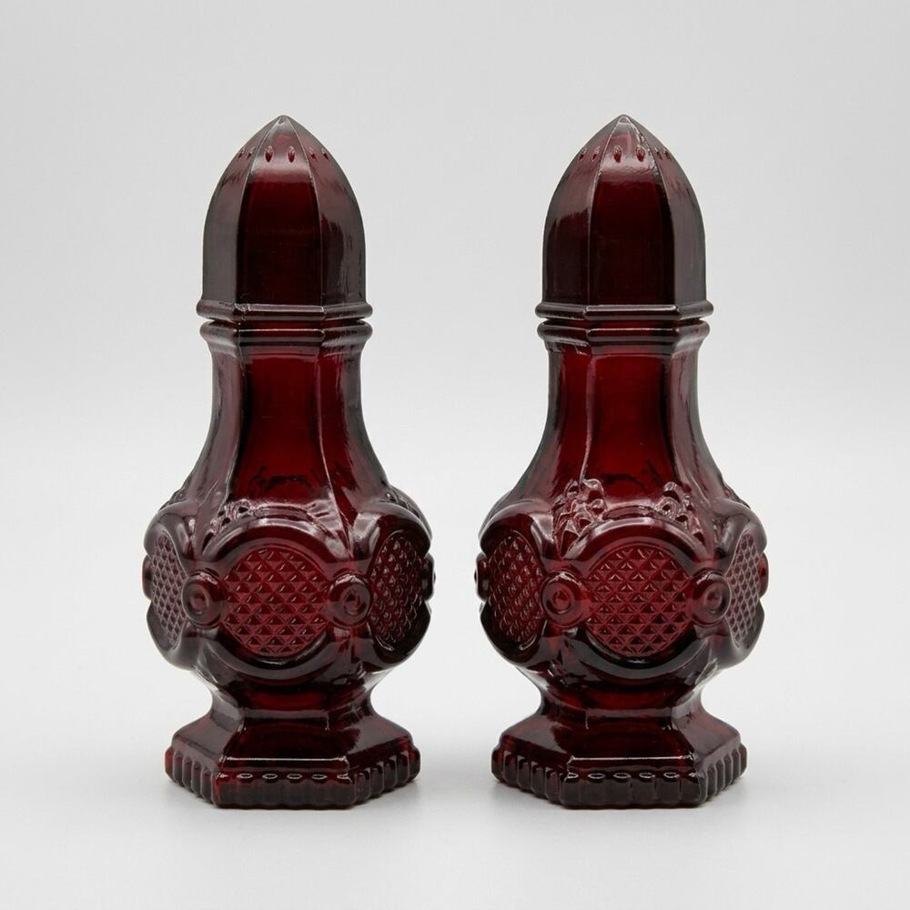 1970's Vintage Avon Cape Cod Charisma Cologne Ruby Red Glass Salt Pepper Shakers